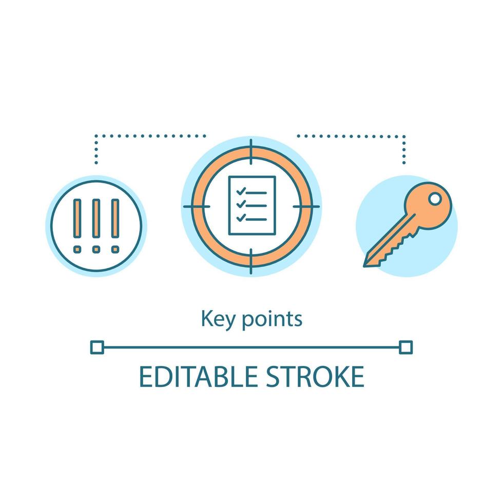 Key features, points concept icon. Key points. Tasklist idea thin line illustration. Rules, tips, guide. Important, warning information. Vector isolated outline drawing. Editable stroke