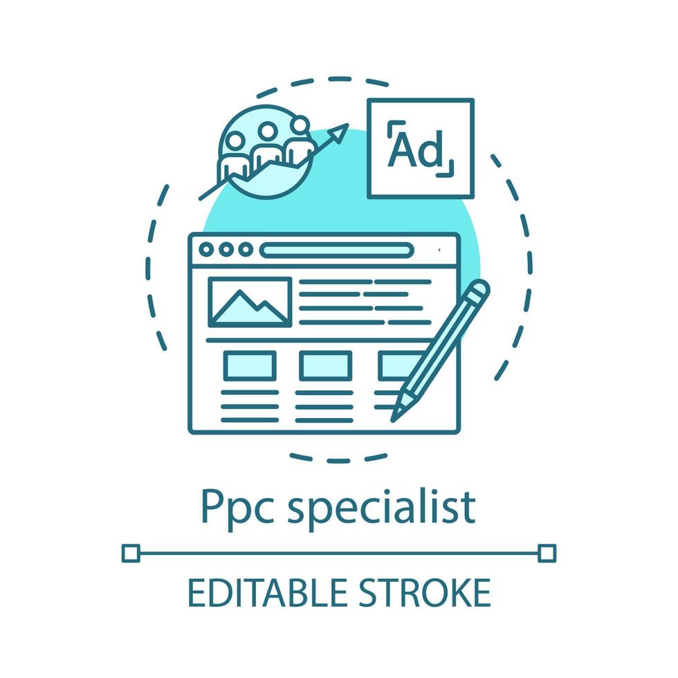 Ppc specialist concept icon. Copywriting idea thin line illustration. Digital marketing. Contextual ads. SEO manager. Online advertising. Targeting. Vector isolated outline drawing. Editable stroke