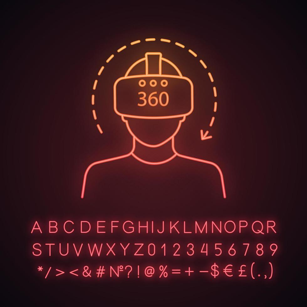 Virtual reality video neon light icon. 360 degree video. VR player with VR mask, glasses, headset and rotation arrow. Glowing sign with alphabet, numbers and symbols. Vector isolated illustration