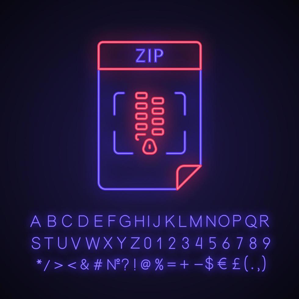 ZIP file neon light icon. Archive file format. Glowing sign with alphabet, numbers and symbols. Vector isolated illustration