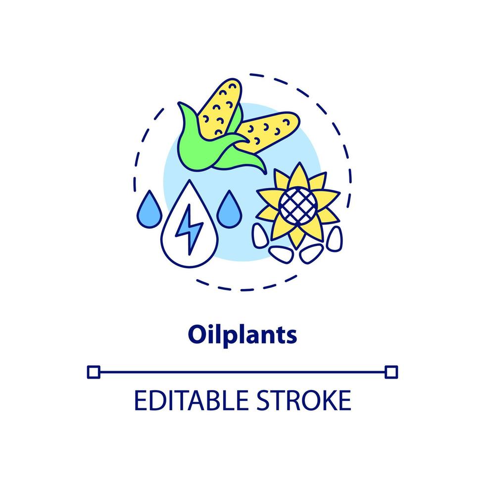 Oilplants concept icon. Biomass energy source on farm abstract idea thin line illustration. Bioenergy production. Isolated outline drawing. Editable stroke. Roboto-Medium, Myriad Pro-Bold fonts used vector