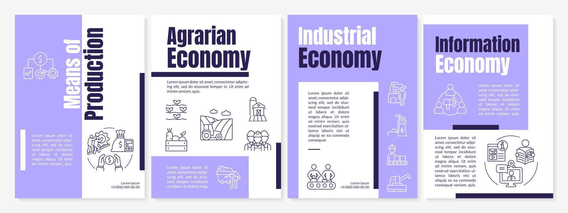 Economic system purple brochure template. Production and distribution Leaflet design with linear icons. 4 vector layouts for presentation, annual reports. Anton, Lato-Regular fonts used