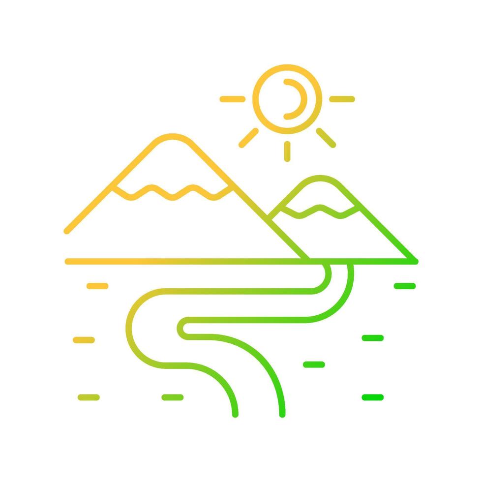 Valley gradient linear vector icon. Lowland. Elongate low landform. Area between mountains. Drained river basin. Thin line color symbol. Modern style pictogram. Vector isolated outline drawing