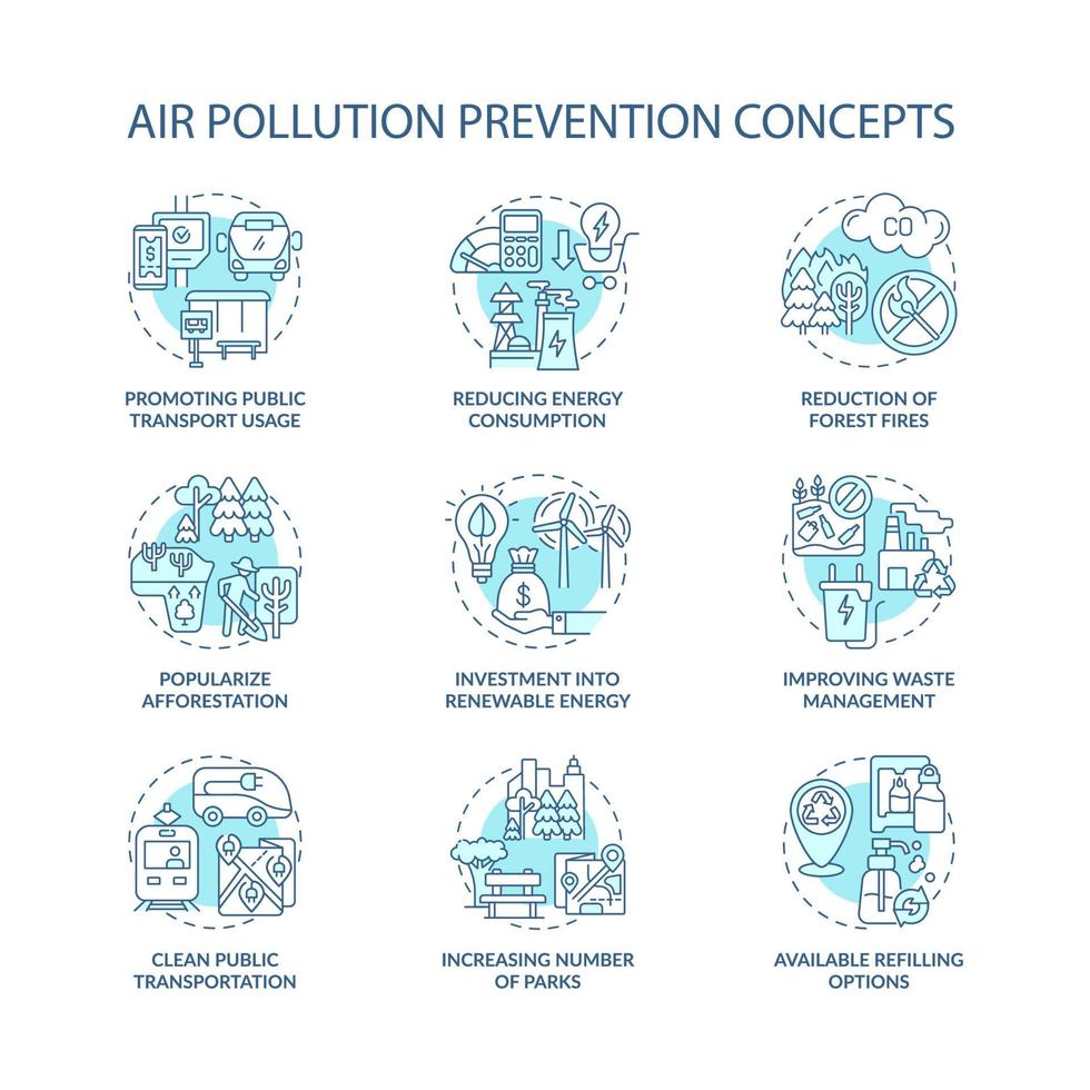 Air pollution prevention concept icons set. Renewable energy idea thin line color illustrations. Popularize afforestation. Refilling options. Vector isolated outline drawings. Editable stroke