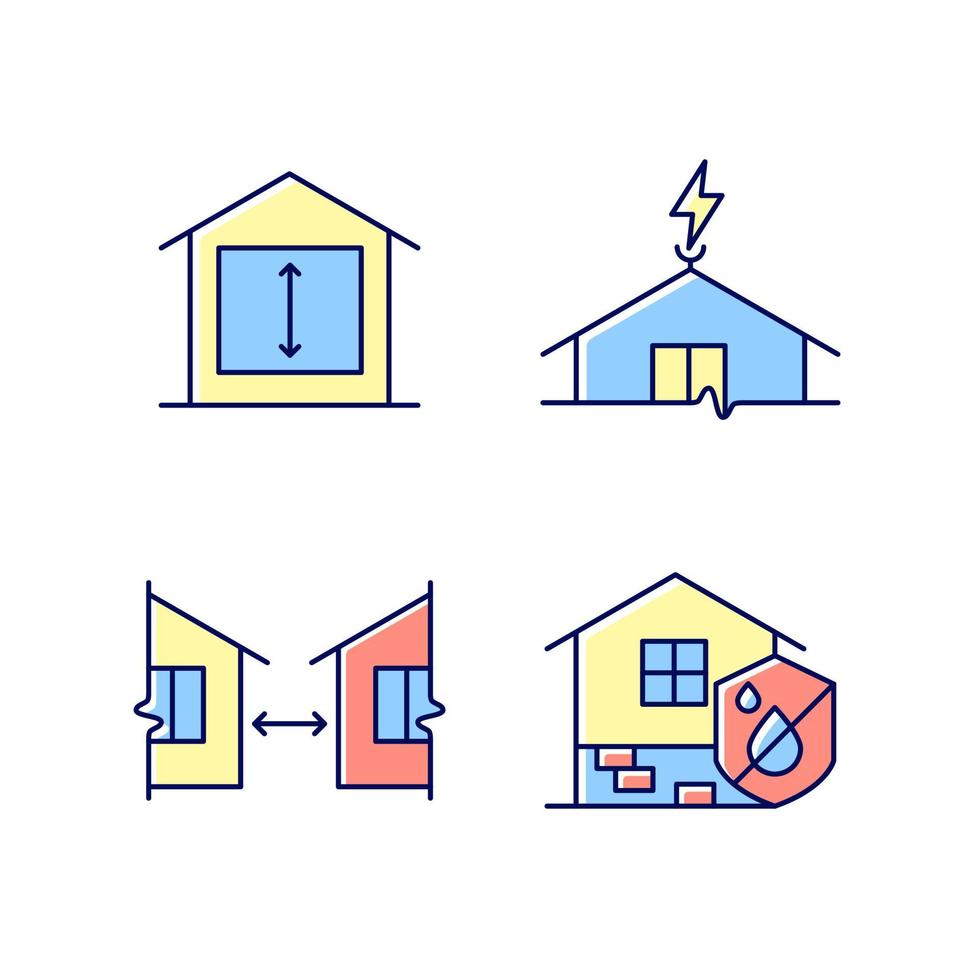 Building safe house RGB color icons set. Minimum ceiling heights. Lightning rod. Distance between buildings. Damp proofing. Isolated vector illustrations. Simple filled line drawings collection