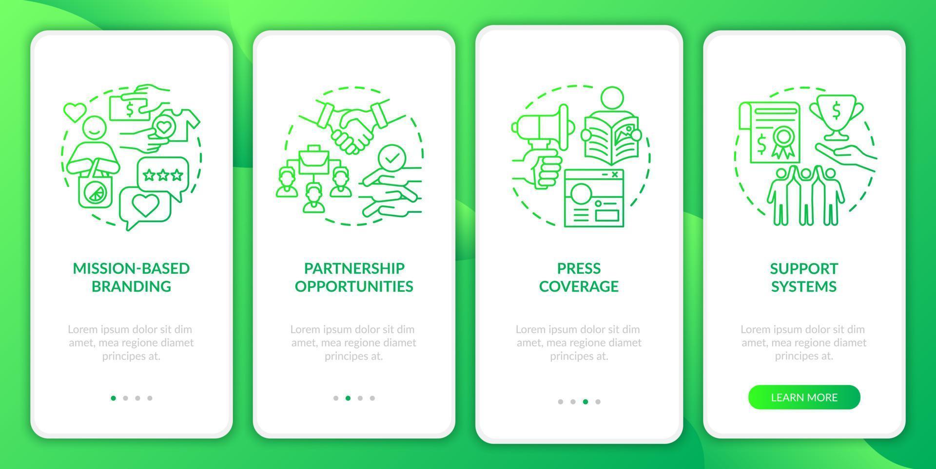 Advantages for social enterprise green gradient onboarding mobile app page screen. Walkthrough 4 steps graphic instructions with concepts. UI, UX, GUI vector template with linear color illustrations
