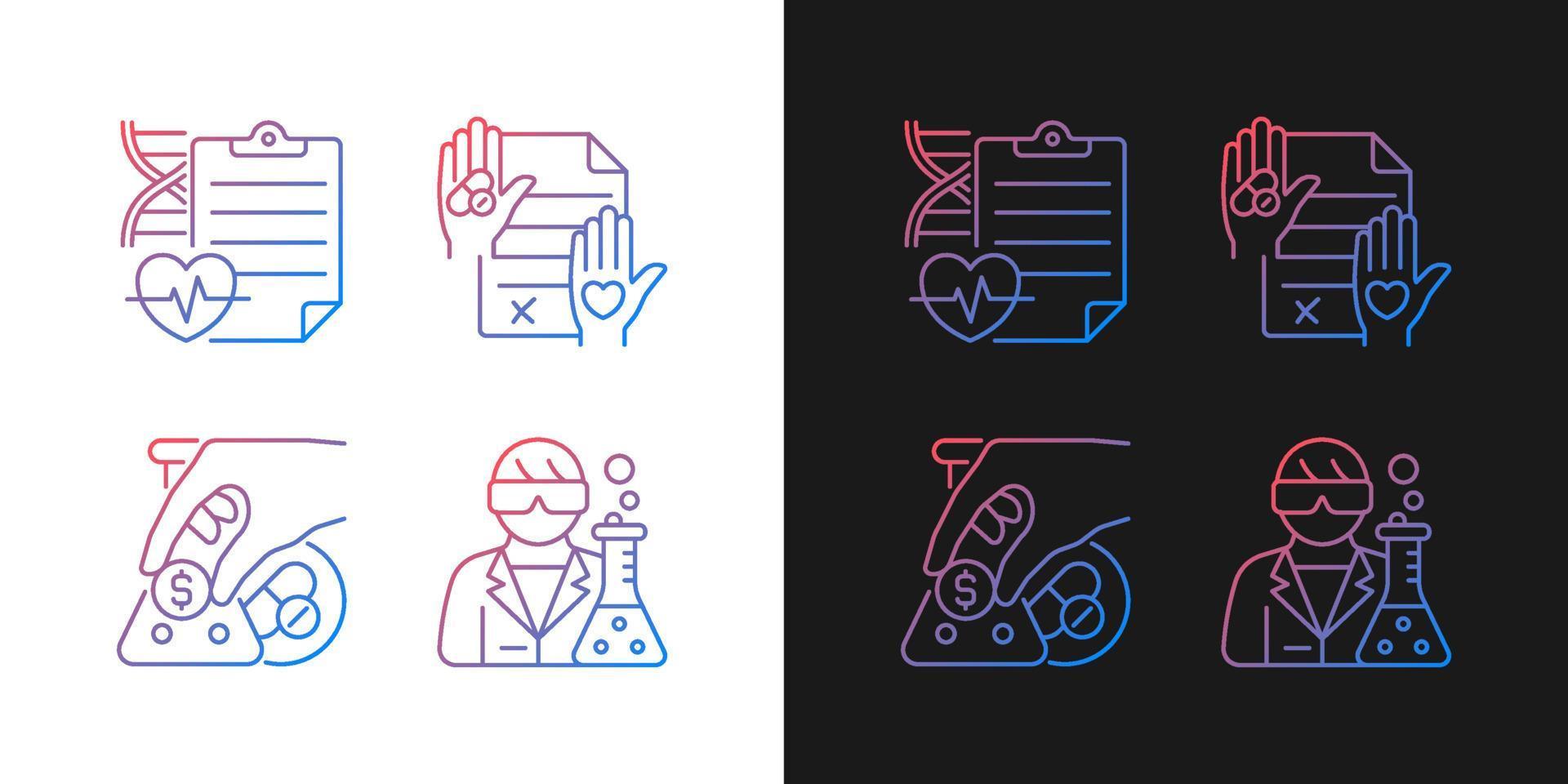 Experimental research gradient icons set for dark and light mode. Measure clinical outcomes. Thin line contour symbols bundle. Isolated vector outline illustrations collection on black and white