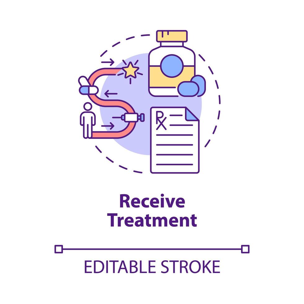 Receive treatment concept icon. Health care. Clinical therapy course. Disease recovery. Physiotherapy abstract idea thin line illustration. Vector isolated outline color drawing. Editable stroke
