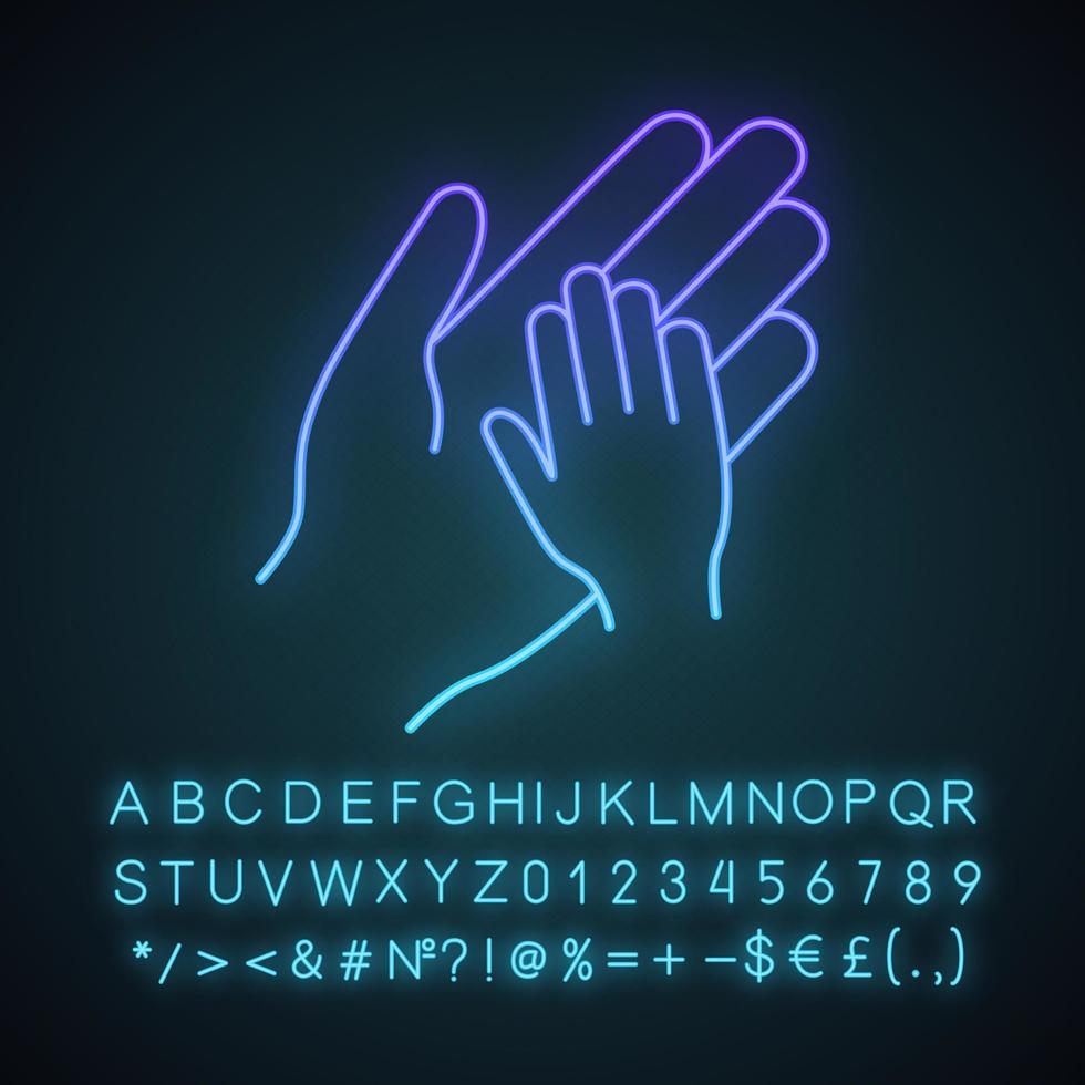 Orphan neon light icon. Adoption. Parent and child hands together. Child rights protection. Charity for children. Orphanage. Glowing sign with alphabet, numbers, symbols. Vector isolated illustration
