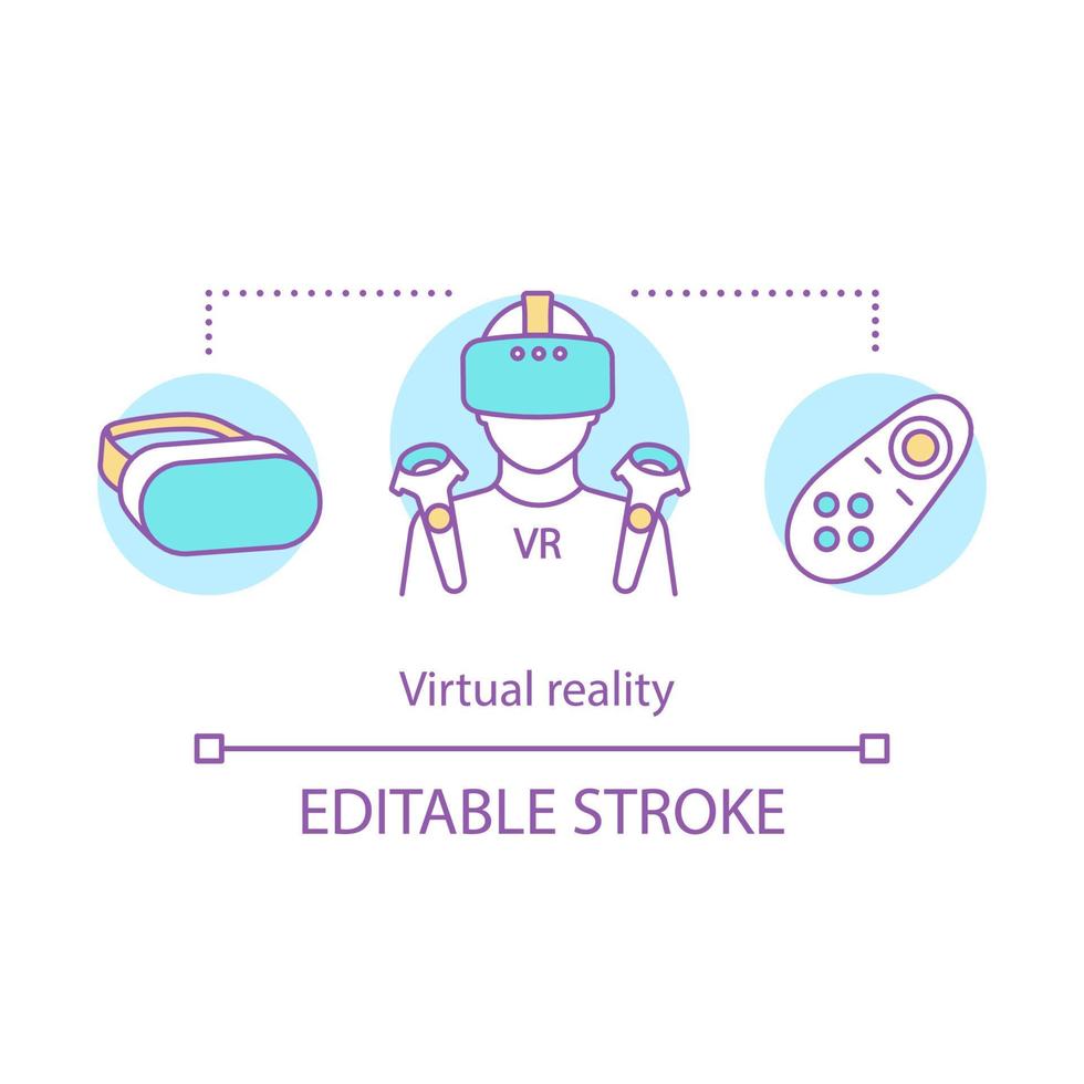 Virtual reality concept icon. VR simulator. Cyberspace. Headset, controllers. VR player, gamer idea thin line illustration. Vector isolated outline drawing. Editable stroke