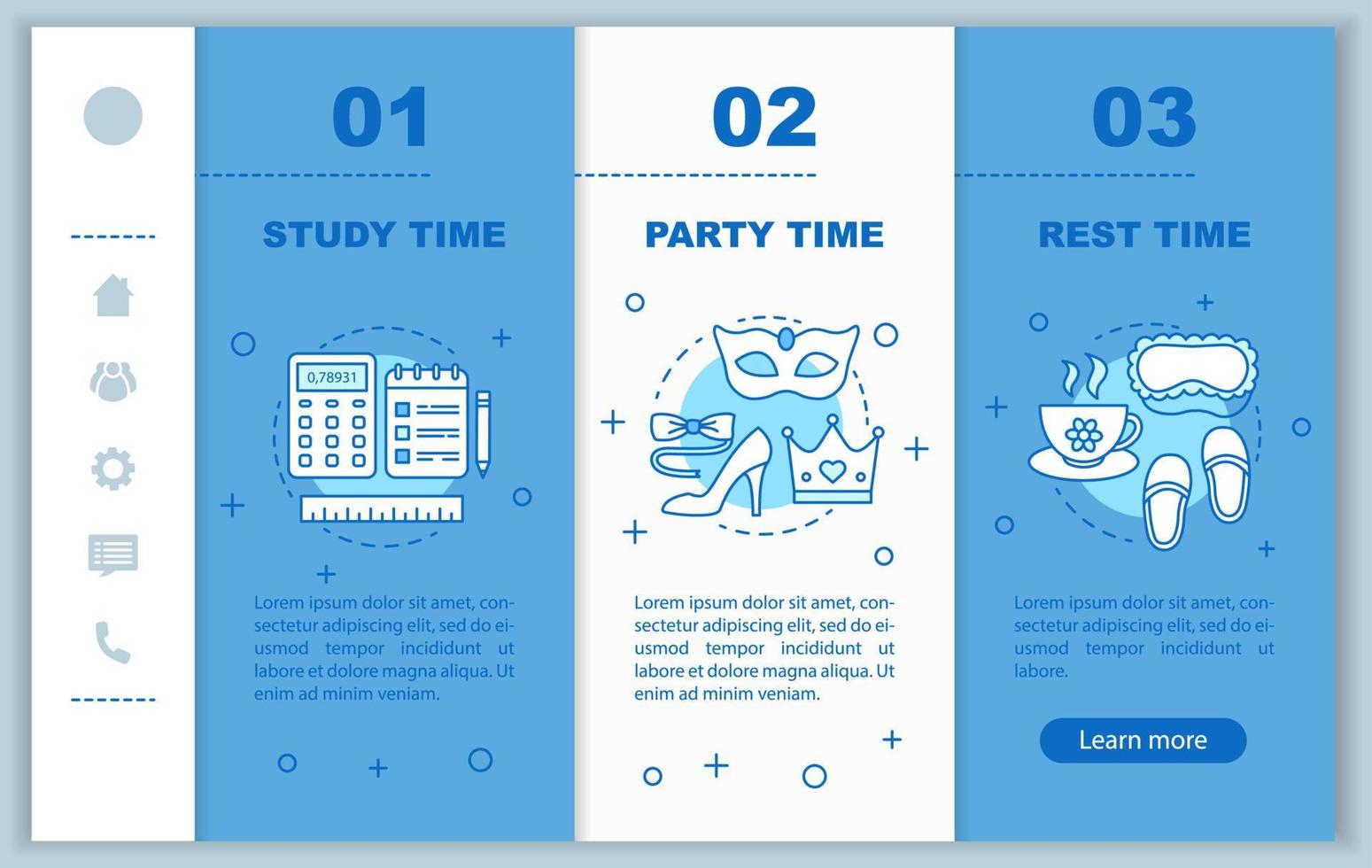 Time management onboarding mobile web pages vector template. Responsive smartphone website interface idea with linear illustrations. Party time webpage walkthrough step screens. Daily student schedule