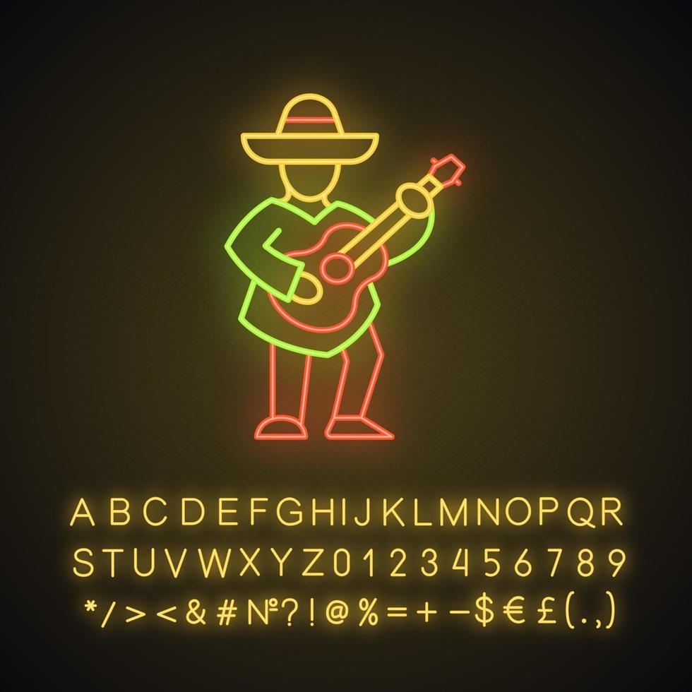 Mexican with guitar neon light icon. Latin musician. Guitar player in sombrero. Glowing sign with alphabet, numbers and symbols. Vector isolated illustration