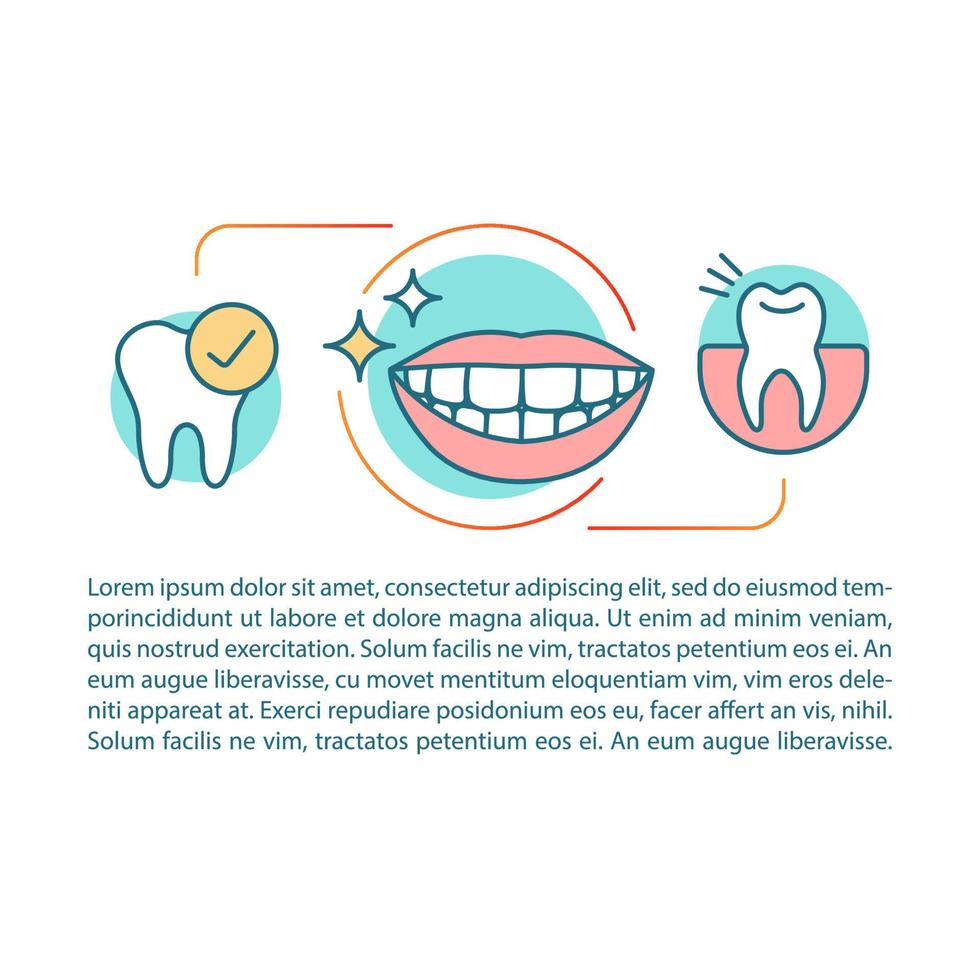 plantilla de vector de página de artículo de salud bucal. hermosos dientes sanos. folleto, revista, elemento de diseño de folleto con iconos lineales y cuadros de texto. diseño de impresión. ilustraciones conceptuales con espacio de texto