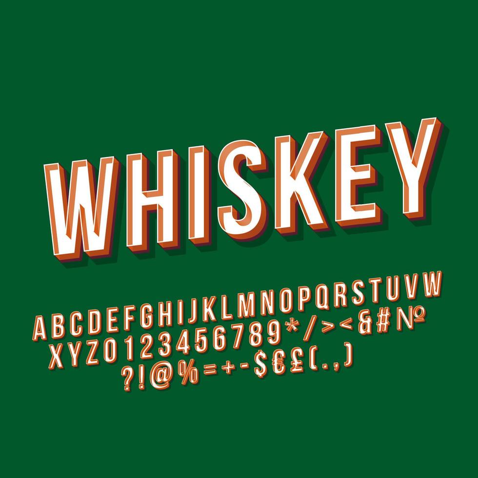 Whiskey vintage 3d vector lettering. Retro bold font. Pop art stylized text. Old school style letters, numbers, symbols pack. 90s, 80s poster, banner, t shirt typography design. Green color background