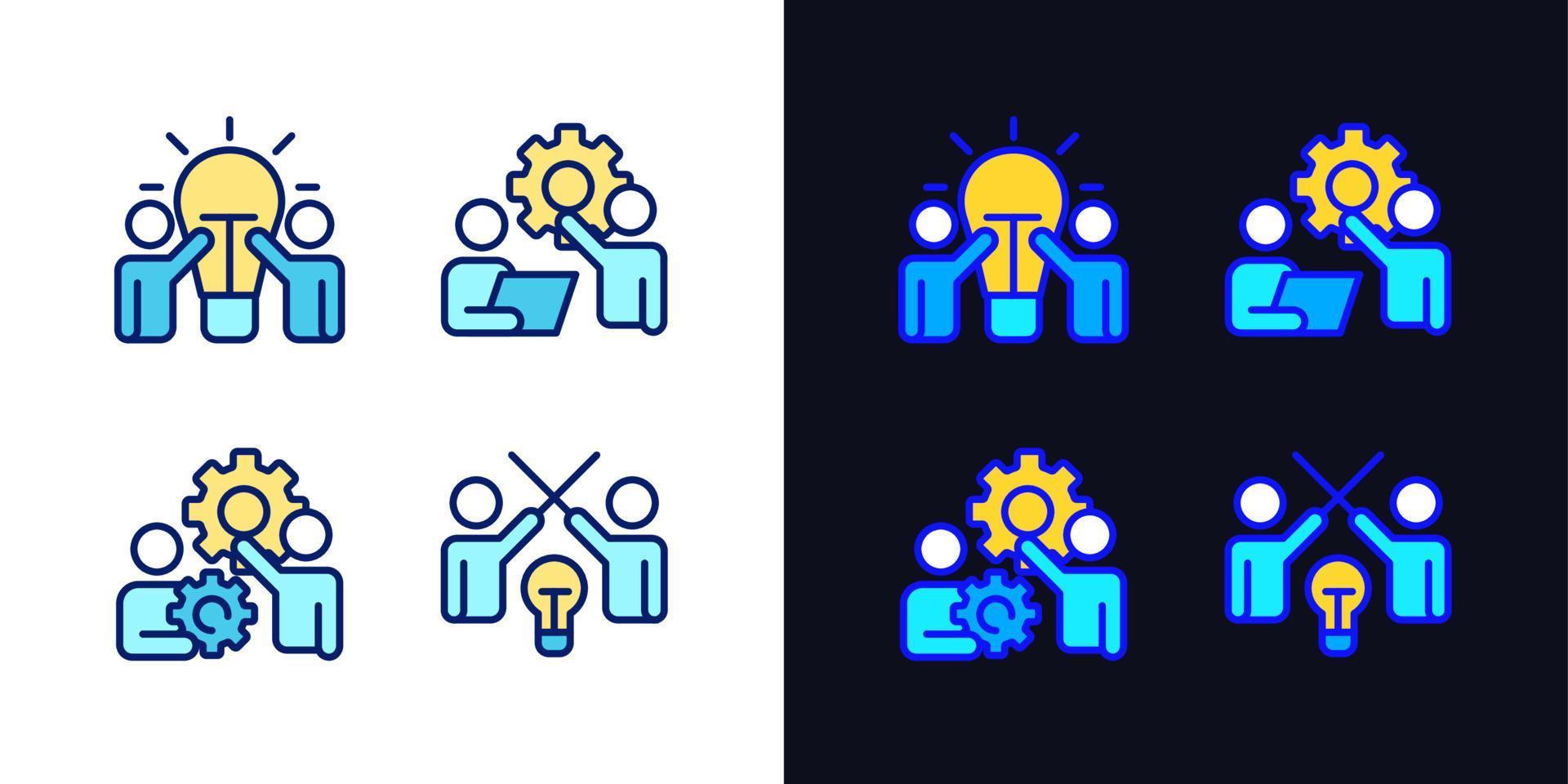 Successful teamwork pixel perfect light and dark theme color icons set. New ideas. Simple filled line drawings. Bright cliparts on white and black. Editable stroke. Quicksand-Light font used vector