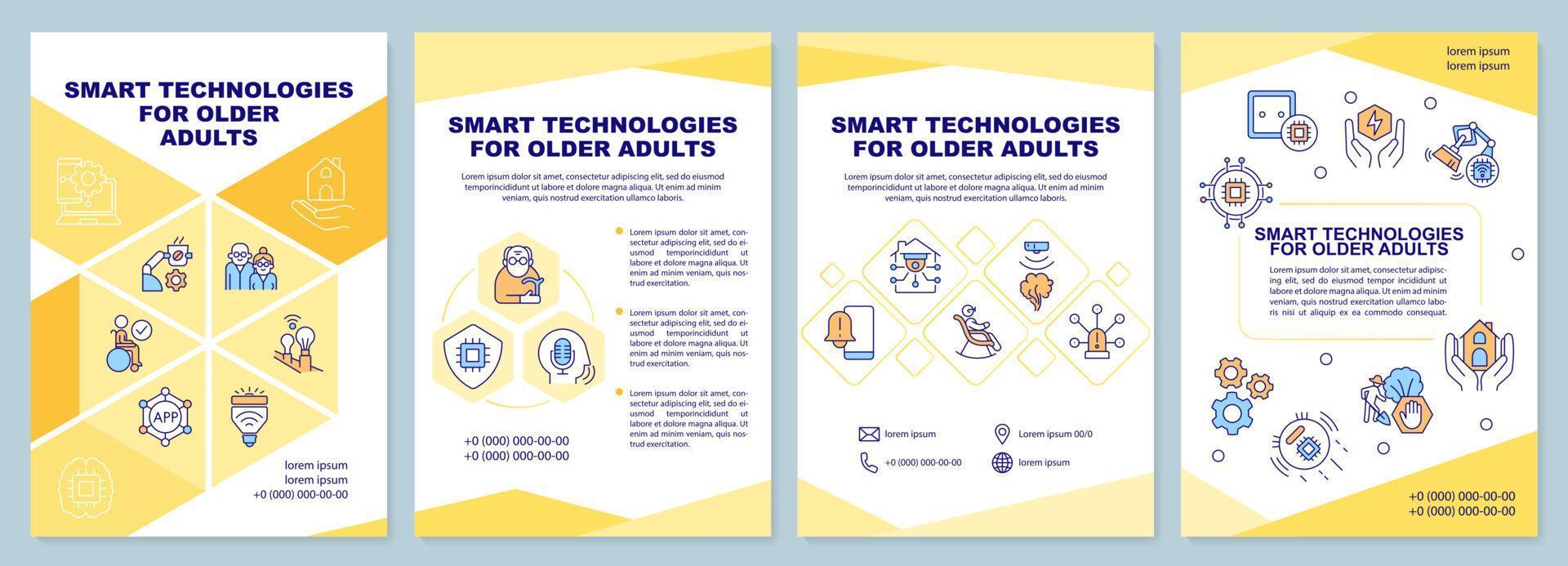 Smart technologies for older adults orange brochure template. Leaflet design with linear icons. 4 vector layouts for presentation, annual reports. Arial-Black, Myriad Pro-Regular fonts used