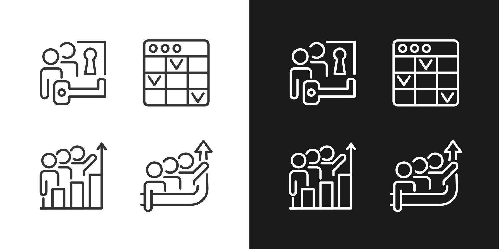 iconos lineales perfectos de píxeles del proyecto de equipo establecidos para el modo oscuro y claro. resolución de problemas administración de tareas. meta común. símbolos de línea delgada para el tema de la noche y el día. ilustraciones aisladas. trazo editable vector