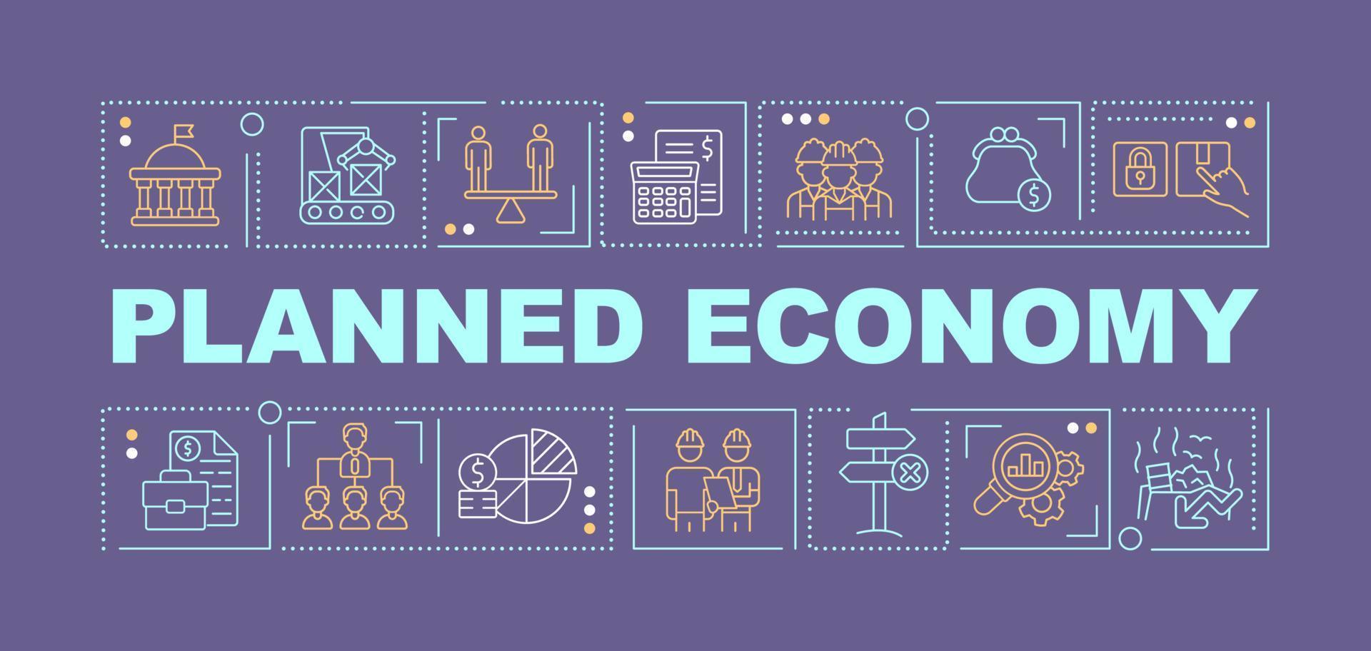 Planned economy word concepts purple banner. Governmental control and regulation. Infographics with icons on color background. Isolated typography. Vector illustration with text. Arial-Black font used