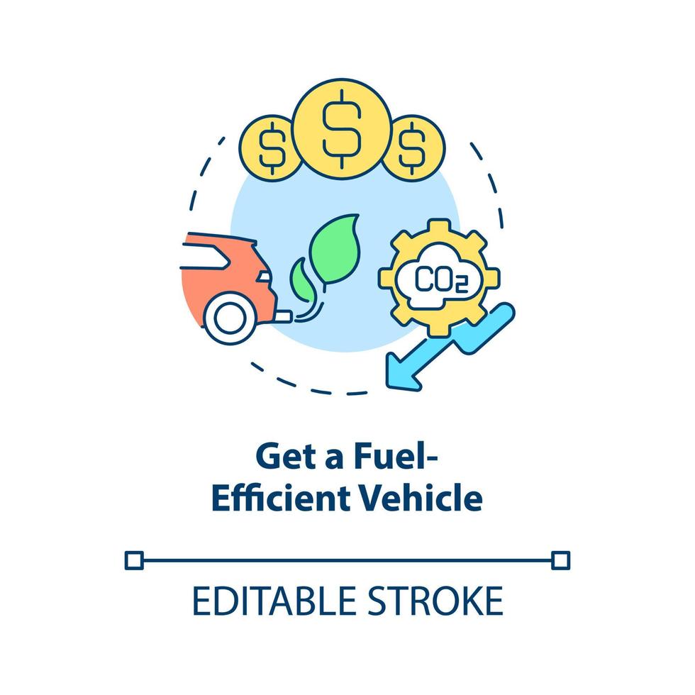 obtener un icono de concepto de coche de bajo consumo de combustible. prevención del cambio climático idea abstracta ilustración de línea delgada. dibujo de contorno aislado. trazo editable. roboto-medium, innumerables fuentes pro-bold utilizadas vector