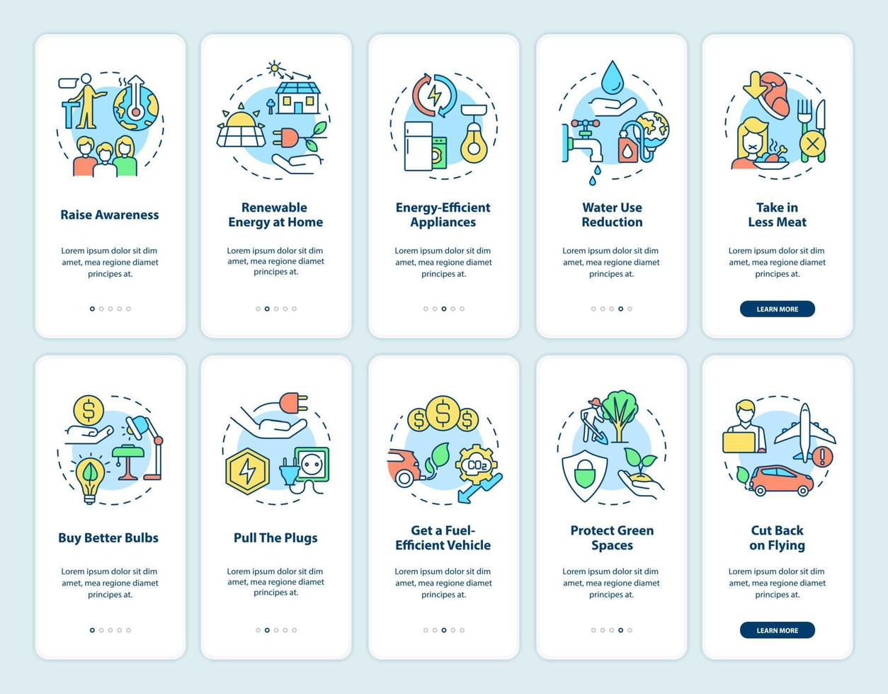 Conjunto de pantalla de aplicación móvil de incorporación de cambio climático y calentamiento global. tutorial 5 pasos páginas de instrucciones gráficas con conceptos lineales. interfaz de usuario, ux, plantilla de interfaz gráfica de usuario. innumerables fuentes pro-negrita y regulares utilizadas vector