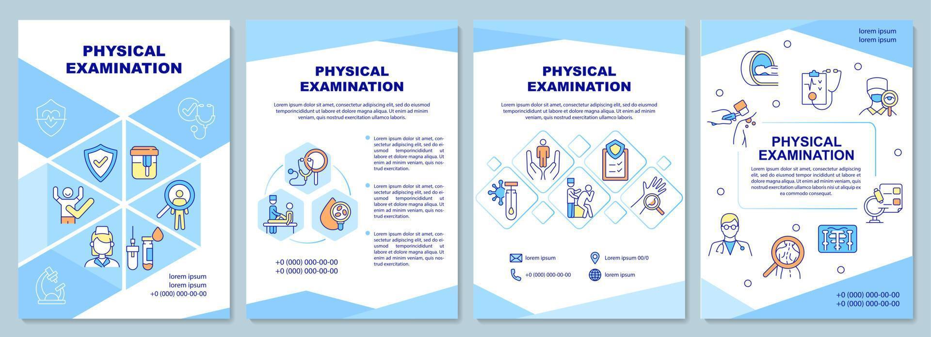 Physical examination brochure template. Medical inspection, testing. Flyer, booklet, leaflet print, cover design with linear icons. Vector layouts for presentation, annual reports, advertisement pages