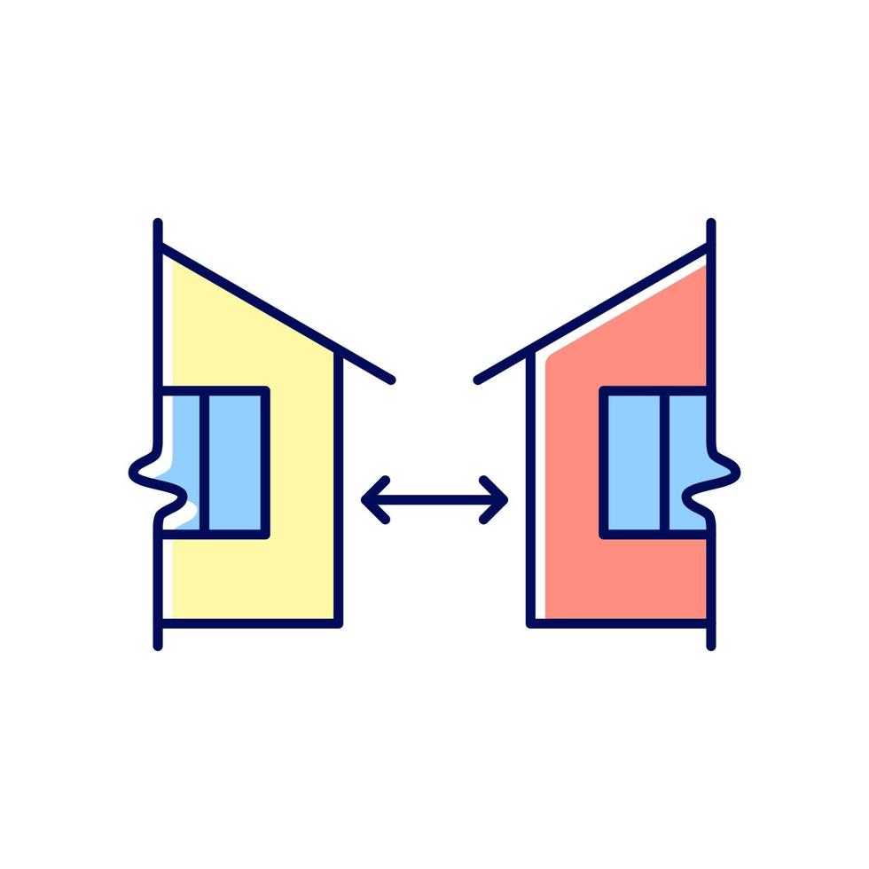 distancia mínima entre edificios icono de color rgb. Reglamento para la habitación humana. Requisitos de casas de apartamentos. separación recomendada. ilustración vectorial aislada. dibujo lineal relleno simple vector