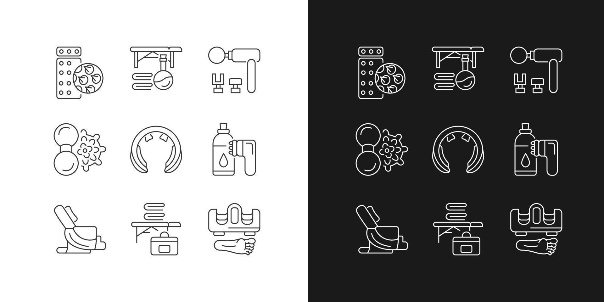 Electric massagers linear icons set for dark and light mode. Acupressure pad. Massage table and oil. Customizable thin line symbols. Isolated vector outline illustrations. Editable stroke