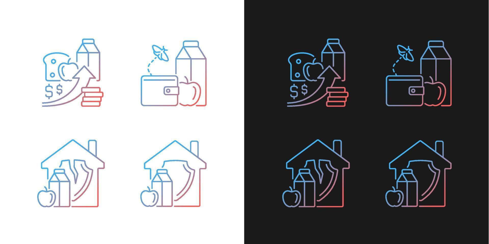 Poverty and hunger gradient icons set for dark and light mode. No money for products. Thin line contour symbols bundle. Isolated vector outline illustrations collection on black and white