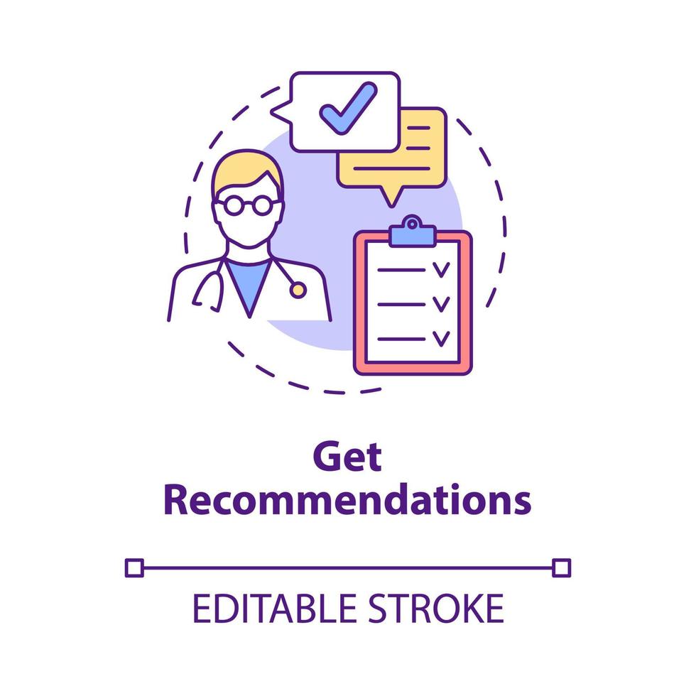 Get recommendations concept icon. Healthcare advice from professional. Medical treatment. Physiotherapy abstract idea thin line illustration. Vector isolated outline color drawing. Editable stroke