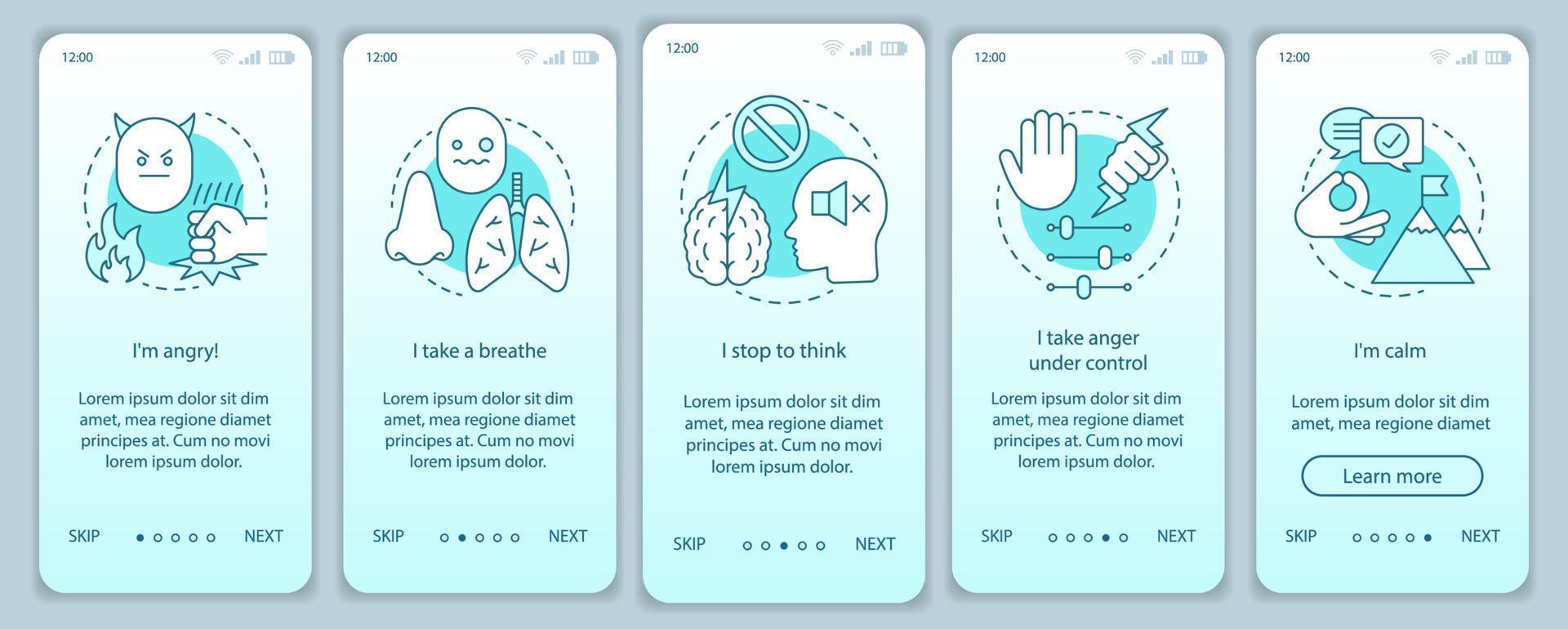 Anger management onboarding mobile app page screen vector template. Take a breath, stop to think, calm. Walkthrough website steps with linear illustrations. UX, UI, GUI smartphone interface concept