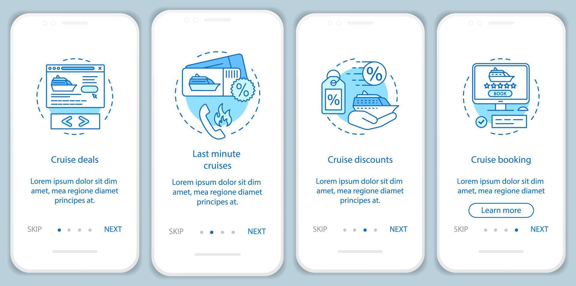 Cruise onboarding mobile app page screen vector template. Deals, last minute cruises, discounts, booking. Walkthrough website steps with linear illustrations. UX, UI, GUI smartphone interface concept