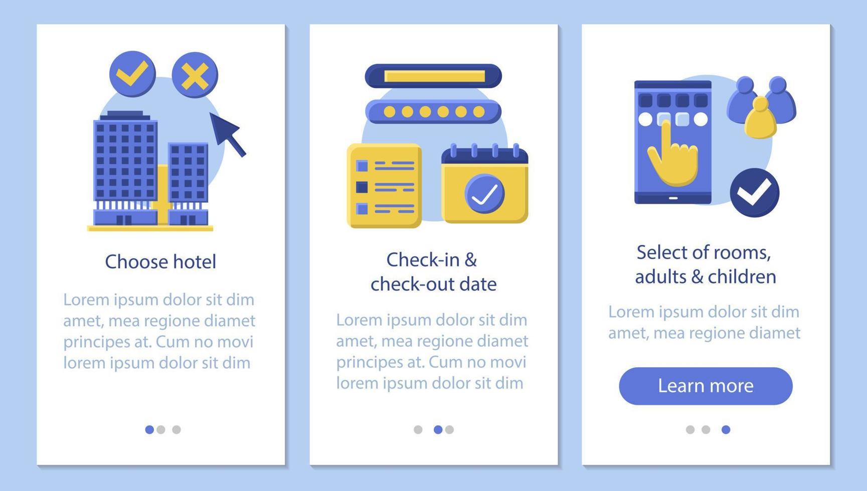 Hotel booking onboarding mobile app page screen vector template. Choosing accommodation, apartment. Hostel, motel. Flat design website instructions. UX, UI, GUI smartphone interface cartoon concept