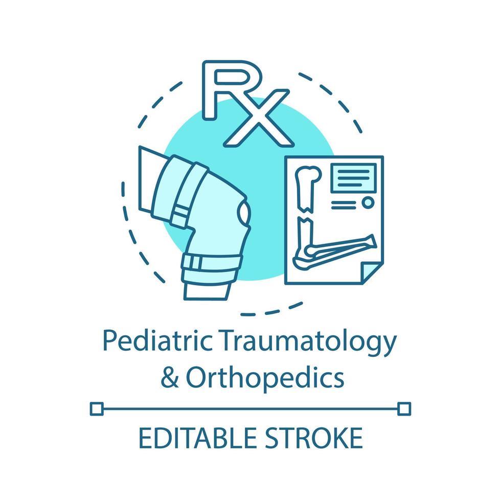 icono del concepto de traumatología y ortopedia pediátrica. terapia física. fractura y esguince. radiografía. centro de salud de cuidado infantil idea iconos de línea delgada. dibujo de contorno aislado vectorial. trazo editable vector