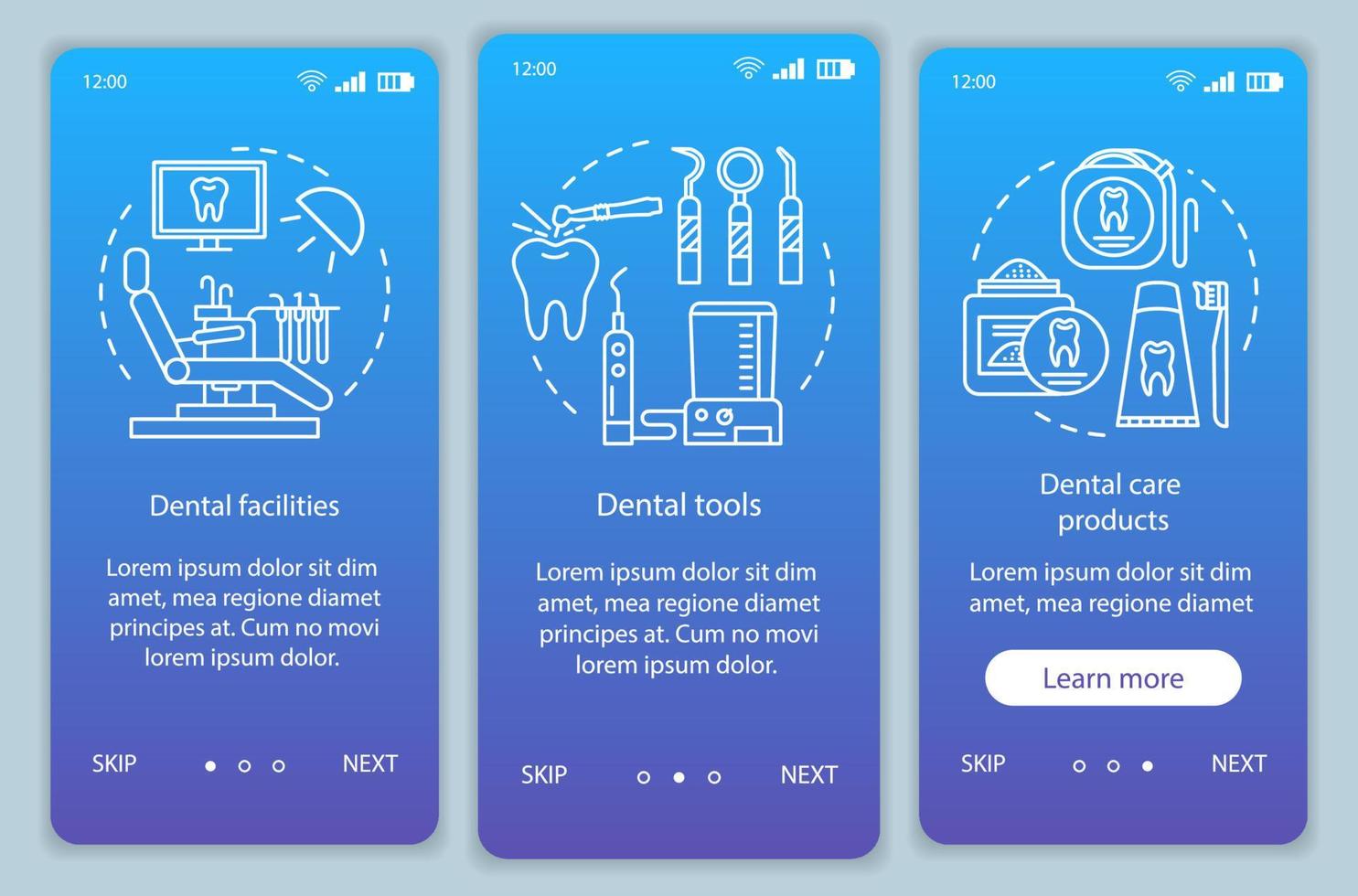 Dental stuff onboarding mobile app page screen vector template. Dentistry. Dental therapy and hygiene. Walkthrough website steps with linear illustrations. UX, UI, GUI smartphone interface concept