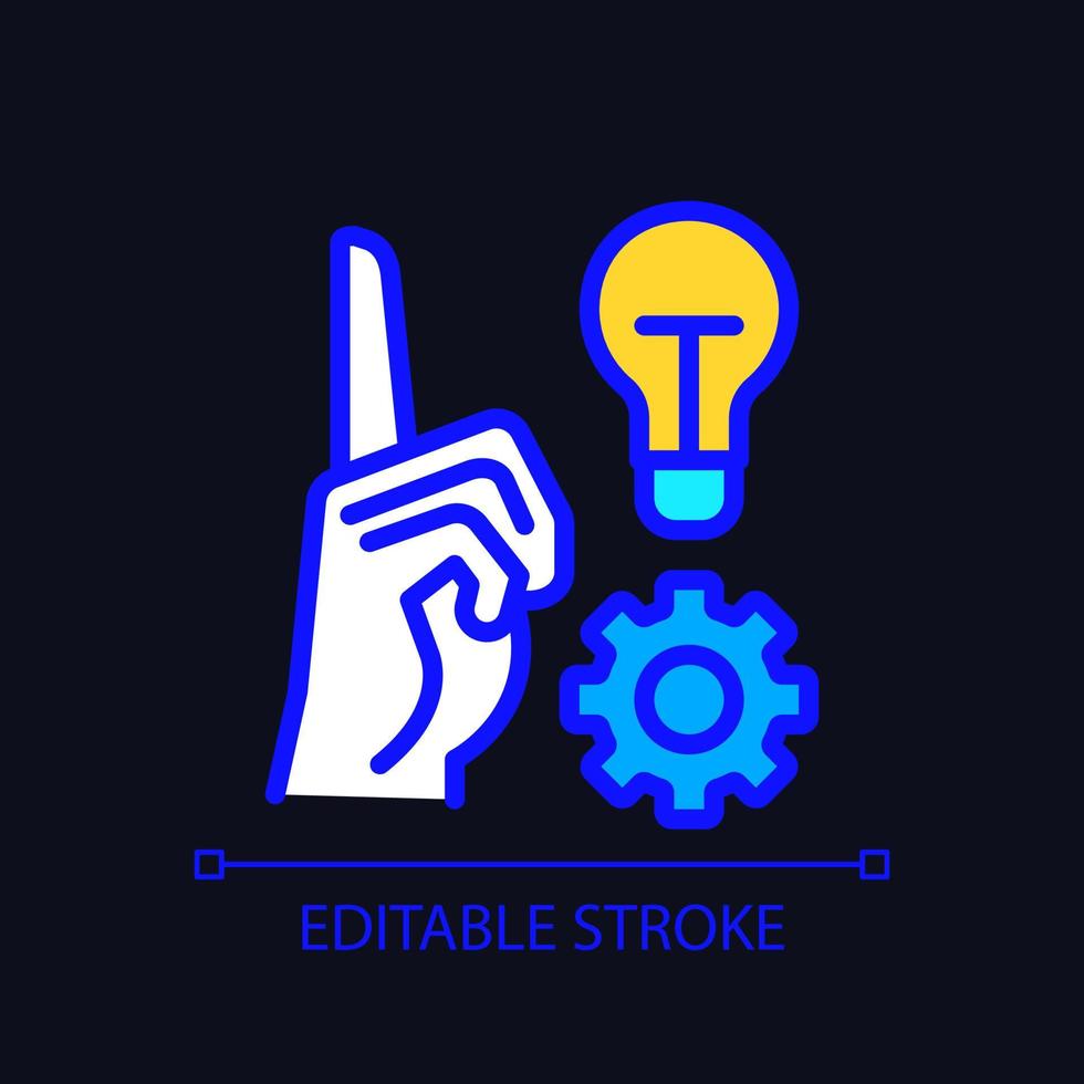 Generate new idea pixel perfect RGB color icon for dark theme. Innovative strategy for development. Simple filled line drawing on night mode background. Editable stroke. Arial font used vector