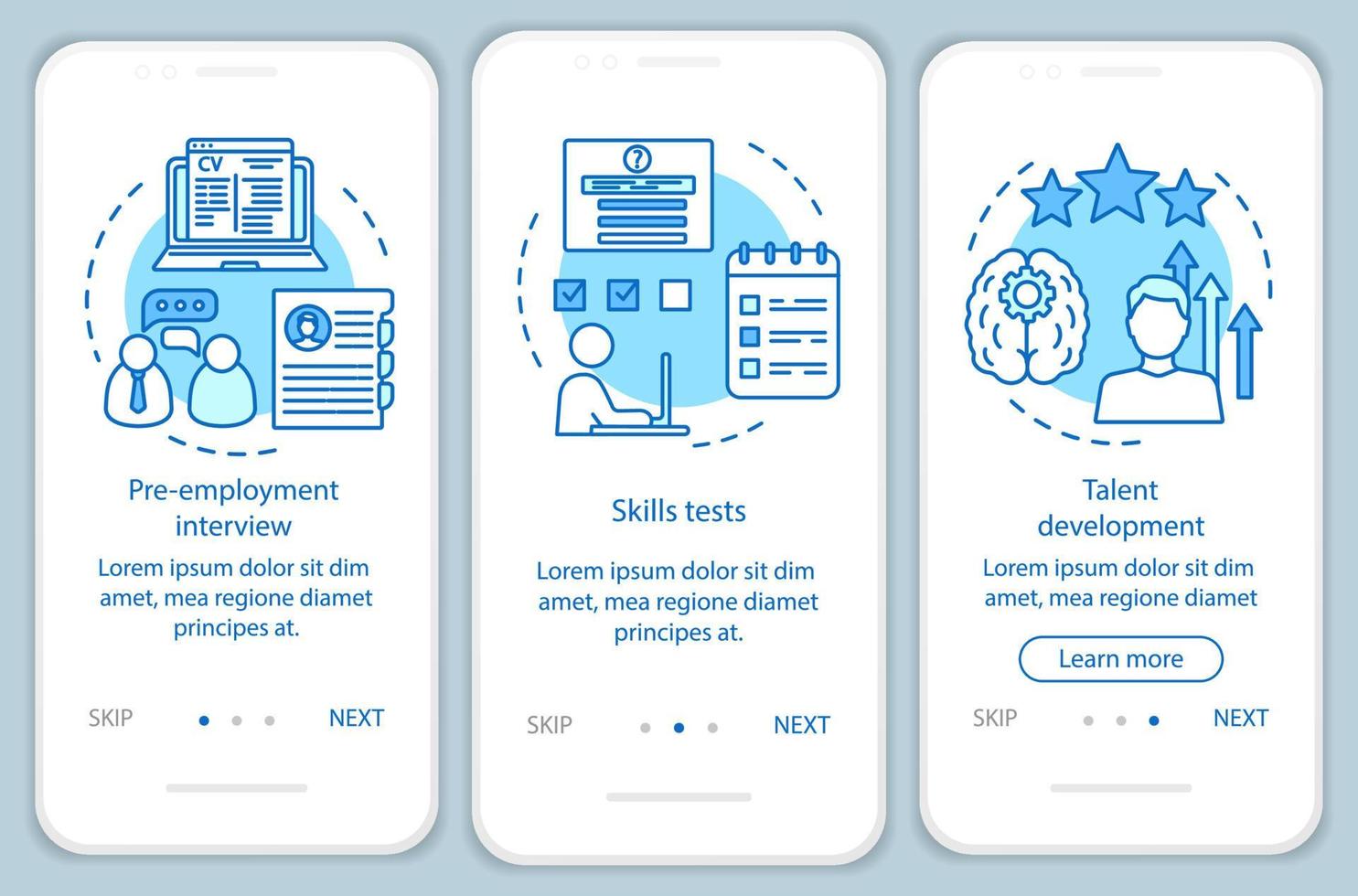 plantilla de vector de pantalla de página de aplicación móvil de incorporación azul bebé de crecimiento profesional. prueba de empleo Pasos del sitio web del tutorial de la entrevista de trabajo con ilustraciones lineales. ux, ui, concepto de interfaz de teléfono inteligente gui