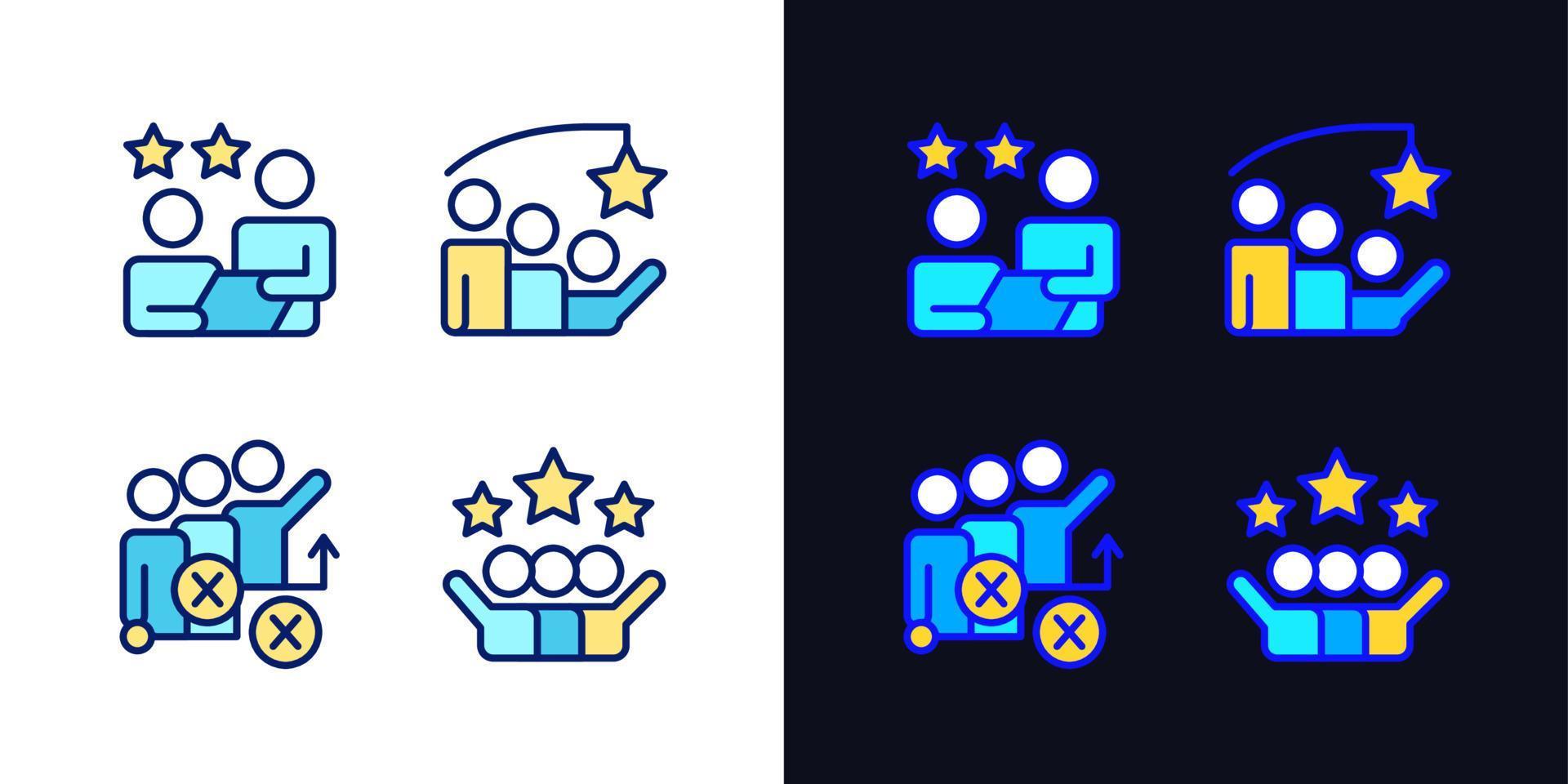 Group achievement pixel perfect light and dark theme color icons set. Stategy planning. Simple filled line drawings. Bright cliparts on white and black. Editable stroke. Quicksand-Light font used vector