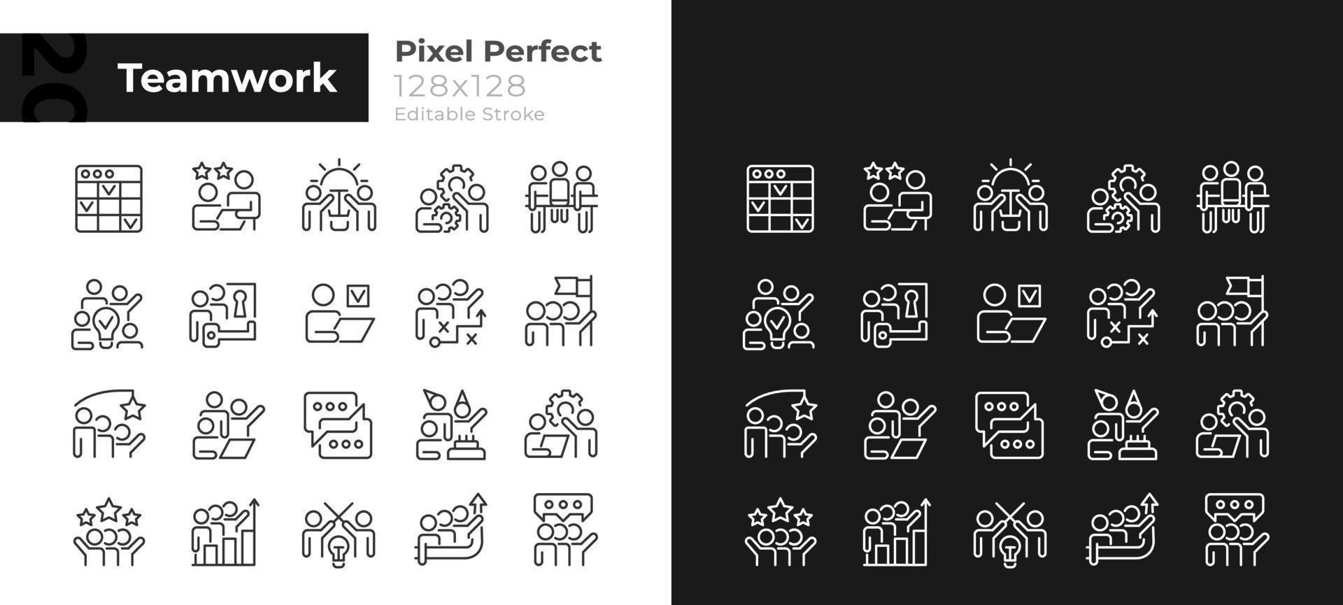 Teamwork pixel perfect linear icons set for dark, light mode. Cooperation on project. Collaboration for work goals. Thin line symbols for night, day theme. Isolated illustrations. Editable stroke vector