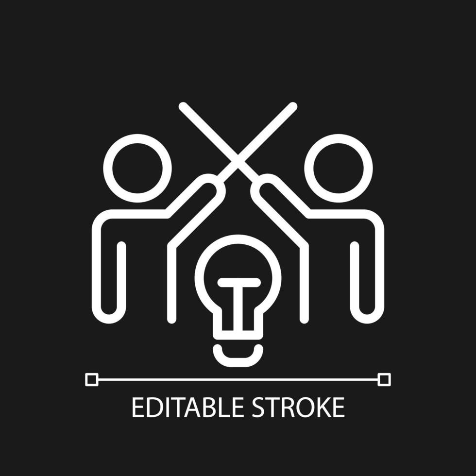 Conflict management pixel perfect white linear icon for dark theme. Mediation and negotiation in team. Thin line illustration. Isolated symbol for night mode. Editable stroke. Arial font used vector