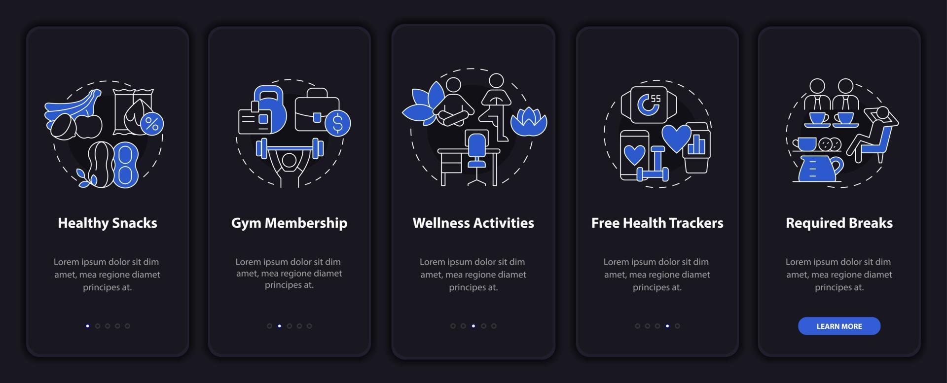 Worker wellbeing perks onboarding mobile app page screen. Walkthrough 5 steps graphic instructions with linear concepts. UI, UX, GUI template. Night mode. Myriad Pro-Bold, Regular fonts used vector