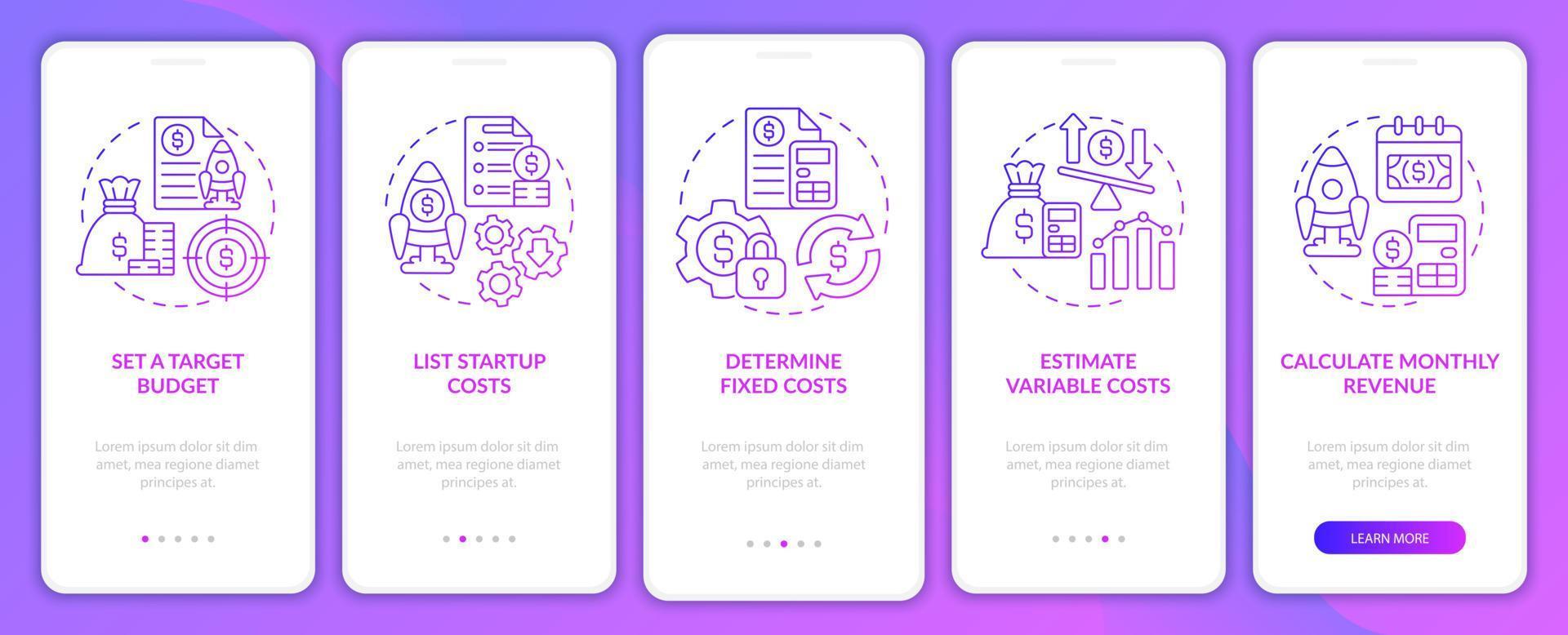 Startup budgeting purple gradient onboarding mobile app screen. Walkthrough 5 steps graphic instructions pages with linear concepts. UI, UX, GUI template. Myriad Pro-Bold, Regular fonts used vector