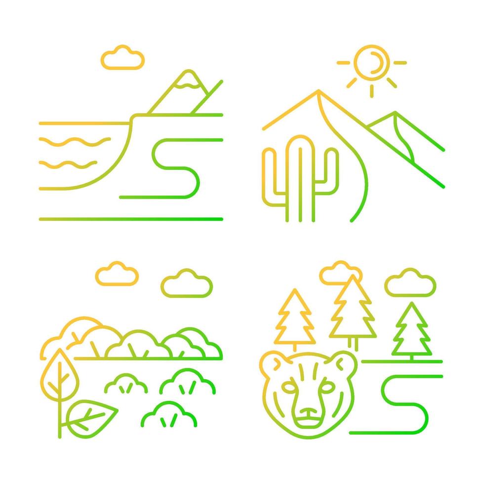Natural landforms gradient linear vector icons set. Coastal terrain. Hot desert. Boreal forest, taiga. Terrestrial biomes. Thin line contour symbols bundle. Isolated outline illustrations collection