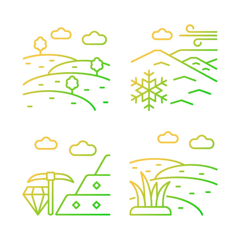 Land diversity gradient linear vector icons set. Natural ground elevation. Minerals mining industry. Perennial ice and snow. Thin line contour symbols bundle. Isolated outline illustrations collection