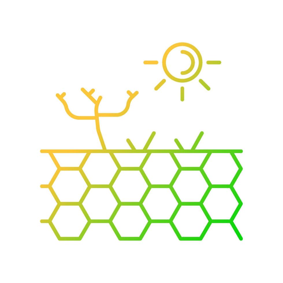 Barren land gradient linear vector icon. Infertile soil. Drought and hot climate zone. Dry bare ground. Dead plant. Thin line color symbol. Modern style pictogram. Vector isolated outline drawing
