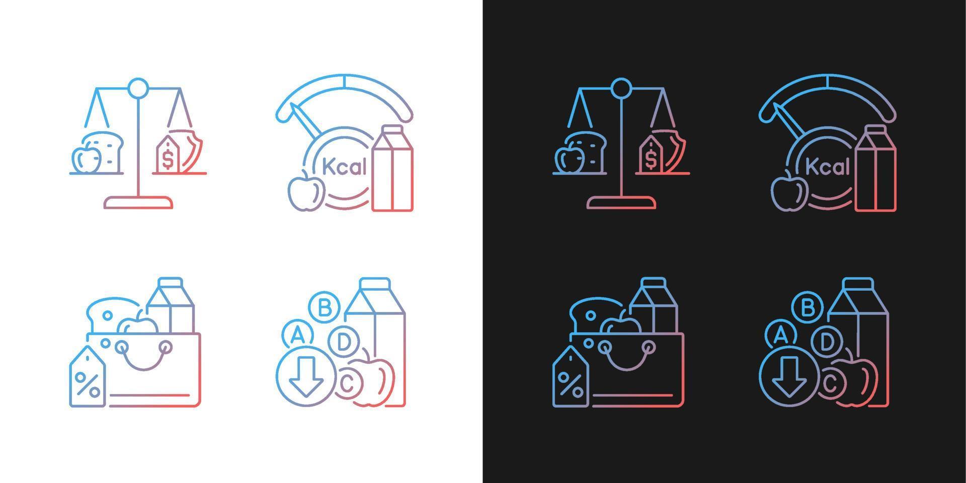 Insufficient food consumption gradient icons set for dark and light mode. Malnutrition issue. Thin line contour symbols bundle. Isolated vector outline illustrations collection on black and white