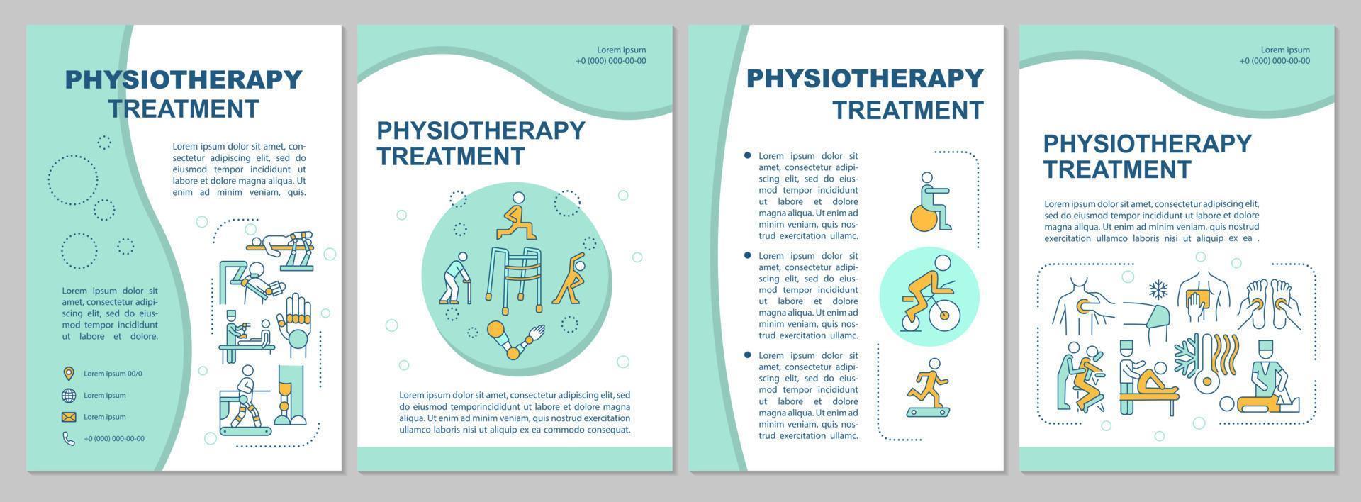 Physiotherapy treatment mint brochure template. Physical health. Flyer, booklet, leaflet print, cover design with linear icons. Vector layouts for presentation, annual reports, advertisement pages