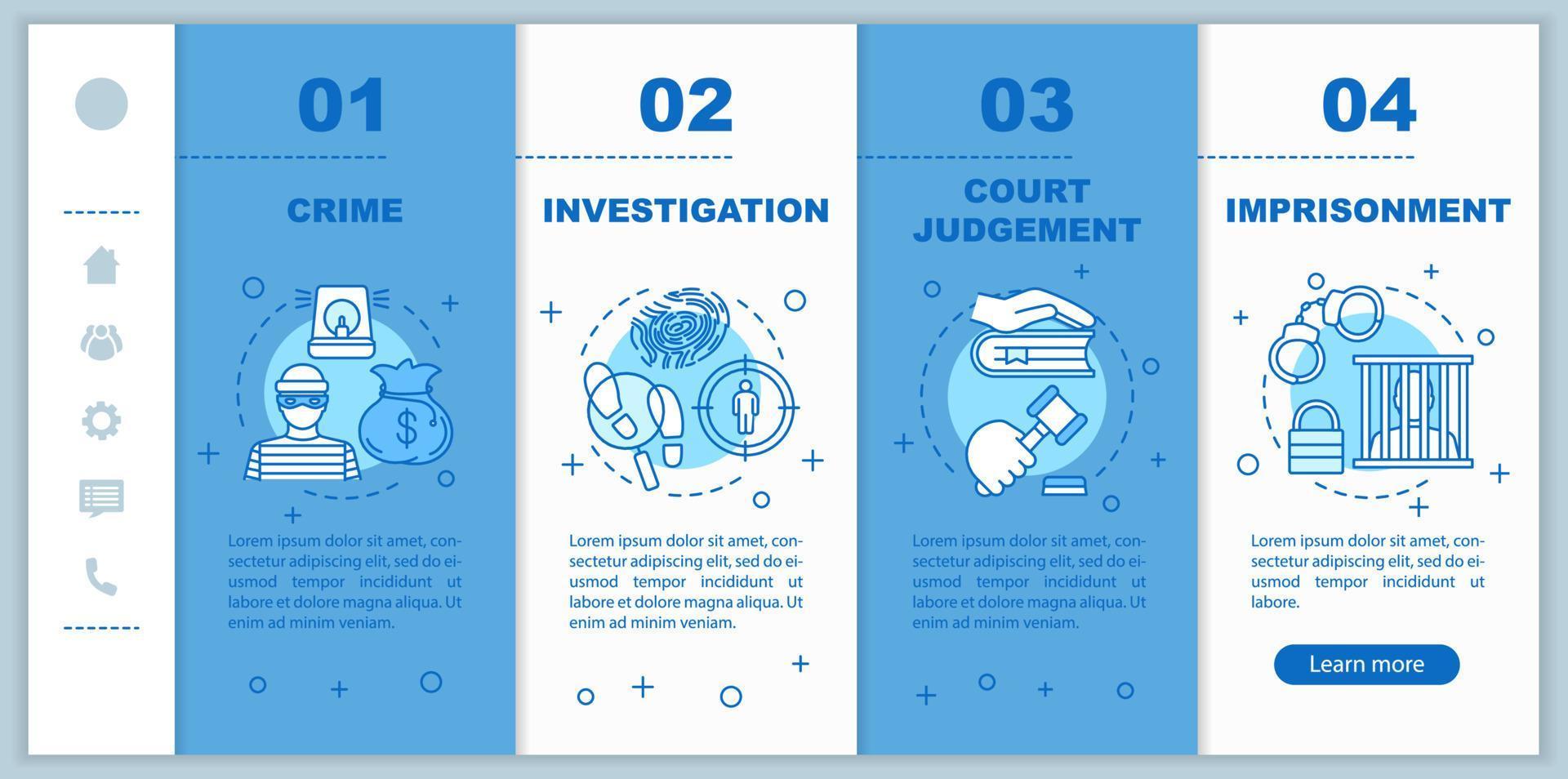 plantilla de vector de pantalla de página de aplicación móvil de incorporación de aplicación de la ley. investigación, encarcelamiento, pasos de recorrido de sentencia judicial con ilustraciones lineales. ux, ui, concepto de interfaz de teléfono inteligente gui