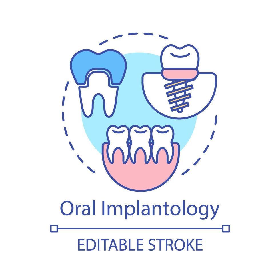 Oral implantology concept icon. Cosmetic dentistry. Implant and crown installation. Teeth treatment and restoration idea thin line illustration. Vector isolated outline drawing. Editable stroke