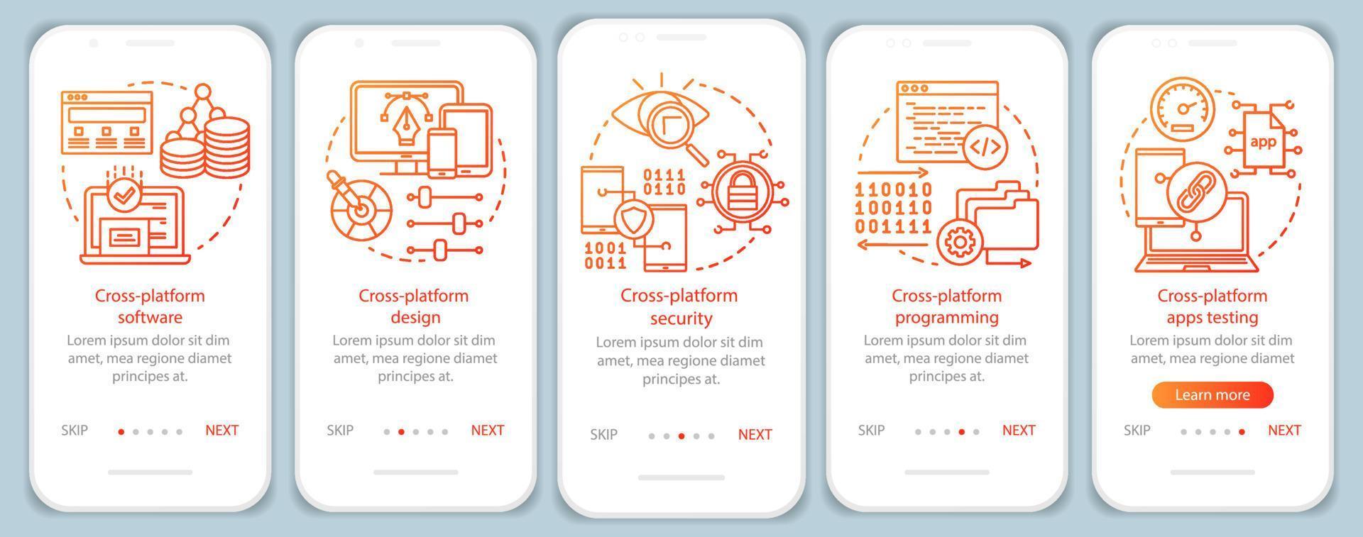 Cross platform security onboarding mobile app page screen vector template. Data protection software. Walkthrough website steps with linear illustrations. UX, UI, GUI smartphone interface concept