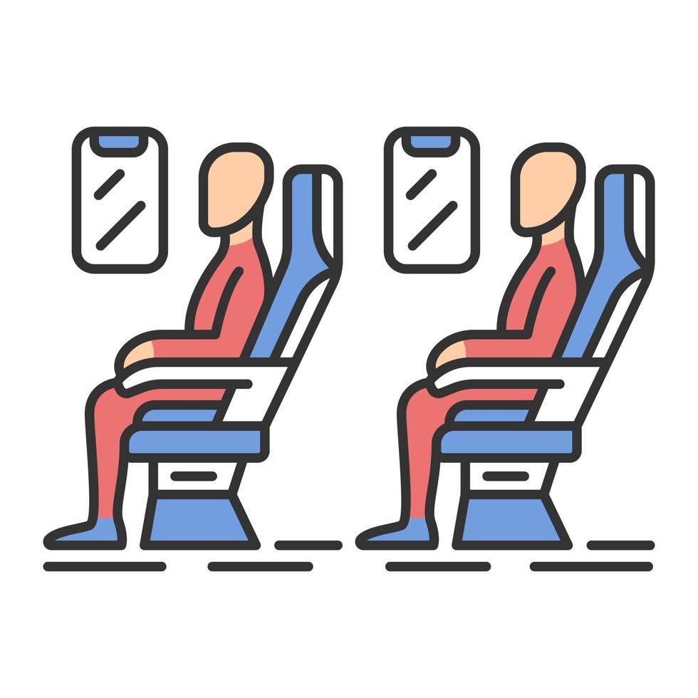 Passengers at plane salon color icon. Airplane comfortable seating. Jet relaxed travelers. Aviation service. Aircraft cabin. Journey amenity. Airline facilities. Isolated vector illustration
